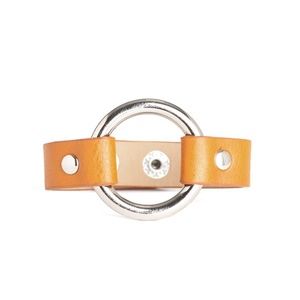 Yellow Leather Strip & Oversized Silver Ring Wrap/Snap Rustic Rodeo Bracelet
